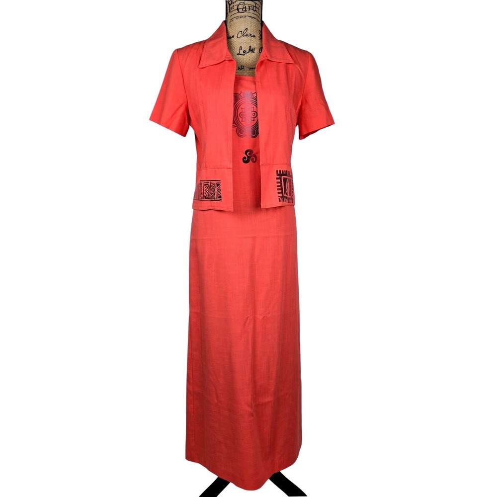 Jessica Howard Coral Linen Blend Short Sleeve Jacket Dress Set Tribal Print S